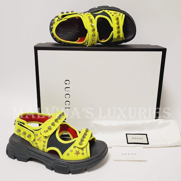 GUCCI SHOES MENS AGURU STUD STAR LEATHER SANDALS YELLOW sz 10G 10.5 US